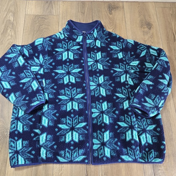 Lands End Sherpa Sweater Womens Large 3XL Blue‎ Full Zip Snowflake Aztec Pattern - Picture 1 of 10